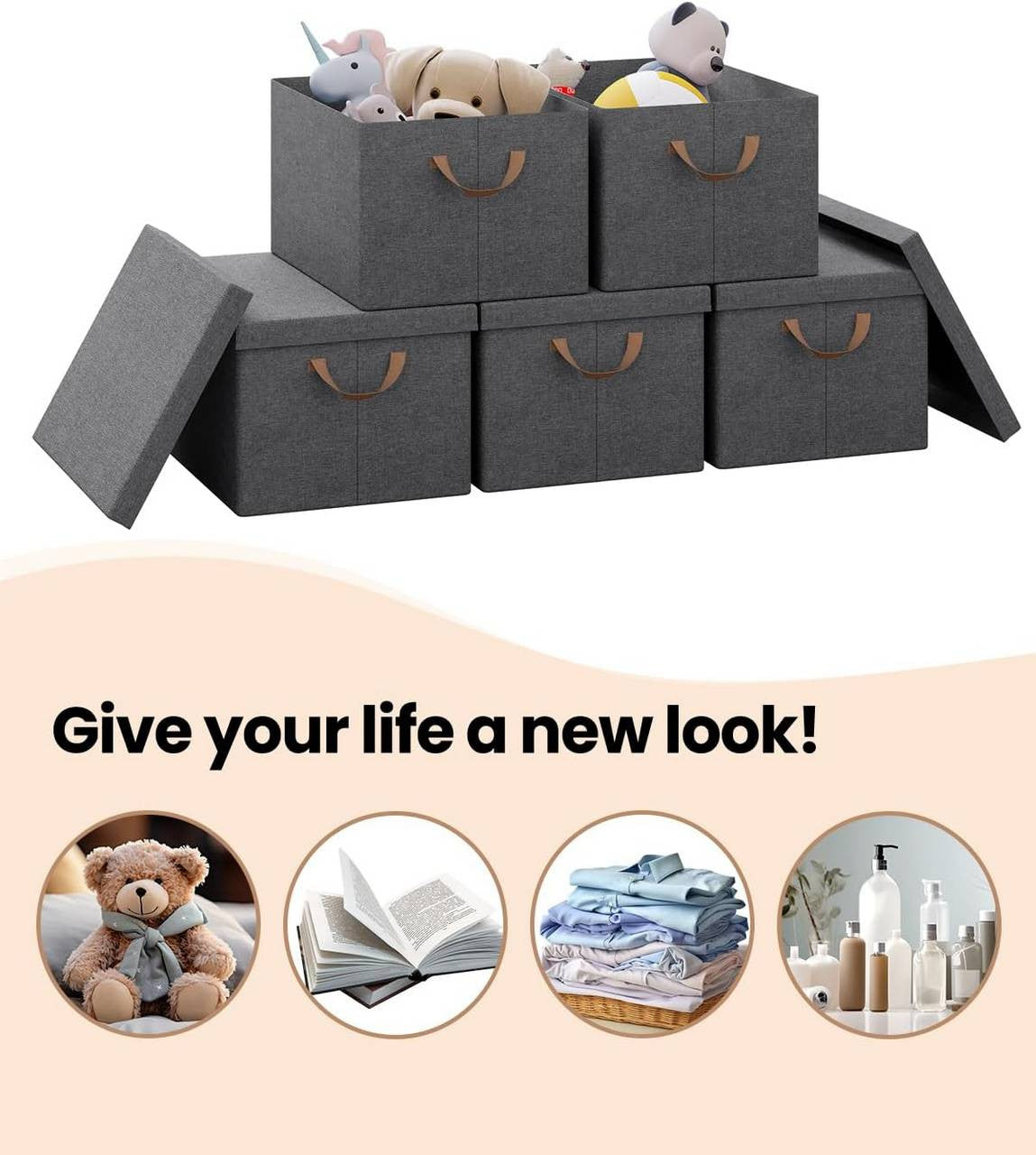24goodz Set of 5 Storage Boxes with Lids - Versatile and Space-Saving - Polyester and Metal - Grey - 20L, 27L, 36L, 51L