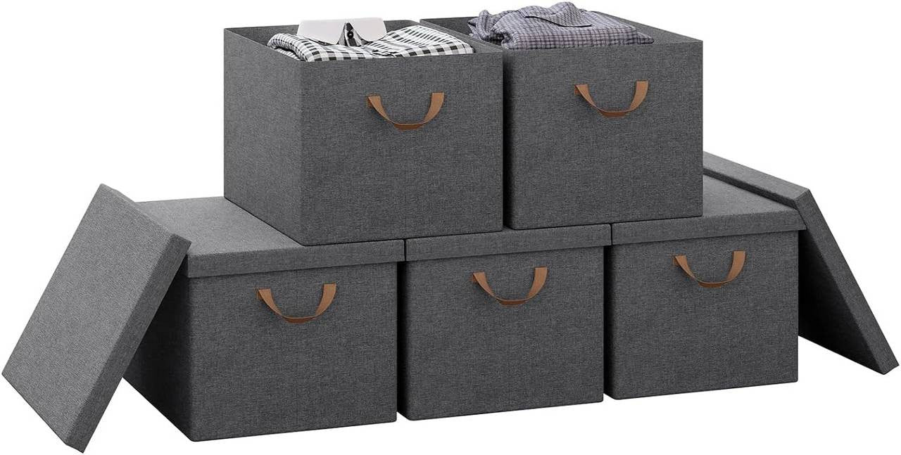 24goodz Set of 5 Storage Boxes with Lids - Versatile and Space-Saving - Polyester - For Home Organization - Grey