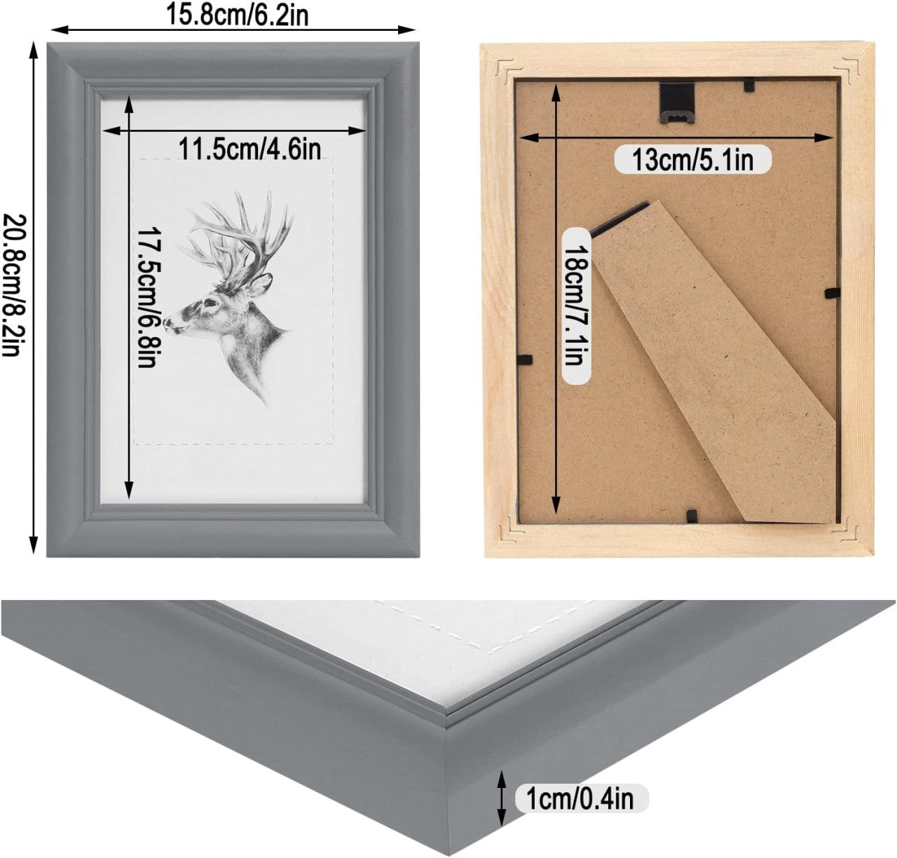 24goodz Set of 5 Wooden Photo Frames with Real Glass in Artos Style - Durable and Versatile - Solid Wood + Glass - Grey - 13x18 cm