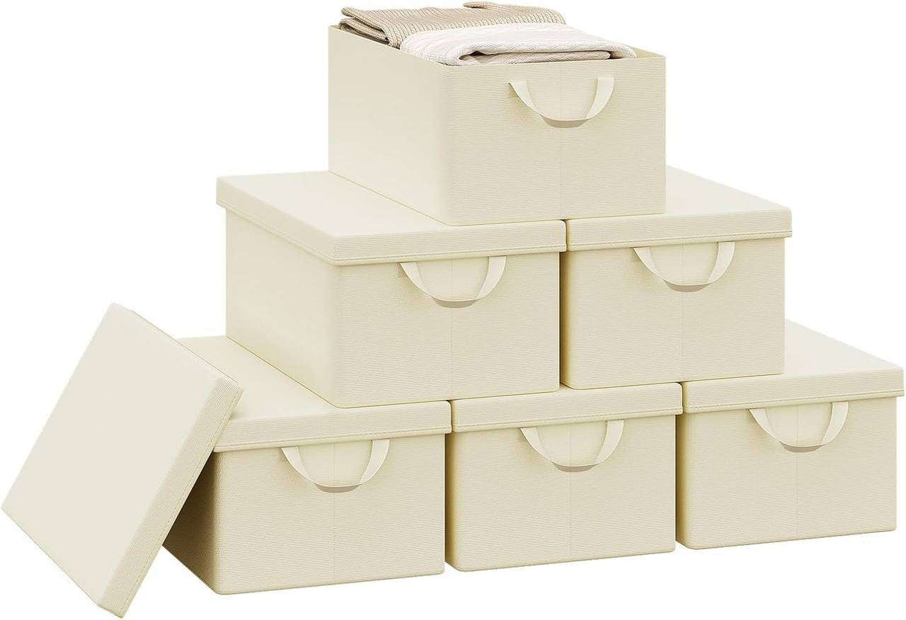 24goodz Set of 6 Storage Boxes with Lids - Versatile Organization Solution - Durable Polyester - For Home & Living - Cream