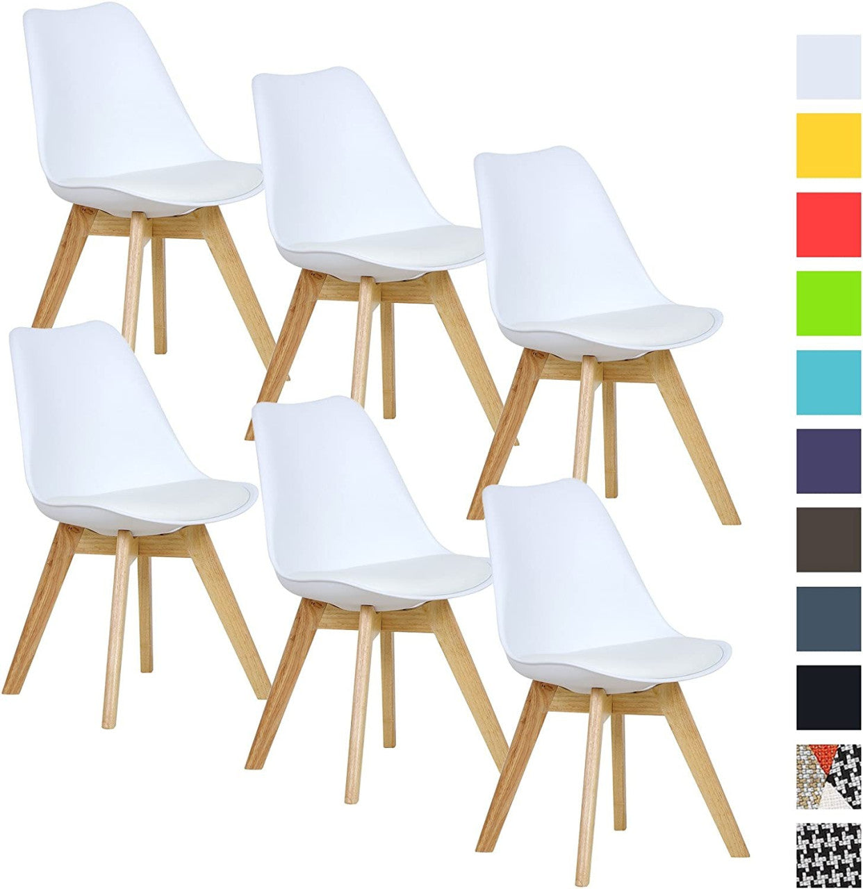 24goodz Set of 6 Dining Chairs - Ergonomic Comfort - Durable Design - PU Leather and Solid Wood - White - ws