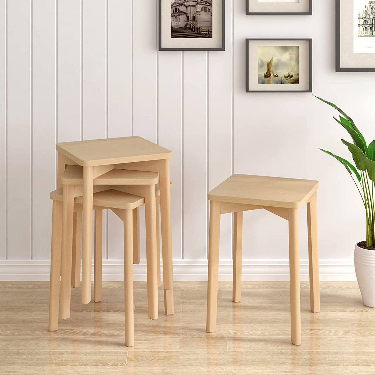 24goodz Wooden Stools Set of 6 - Durable and Space-Saving - Beech Wood - For Home and Dining - Natural Wood Colour - ei