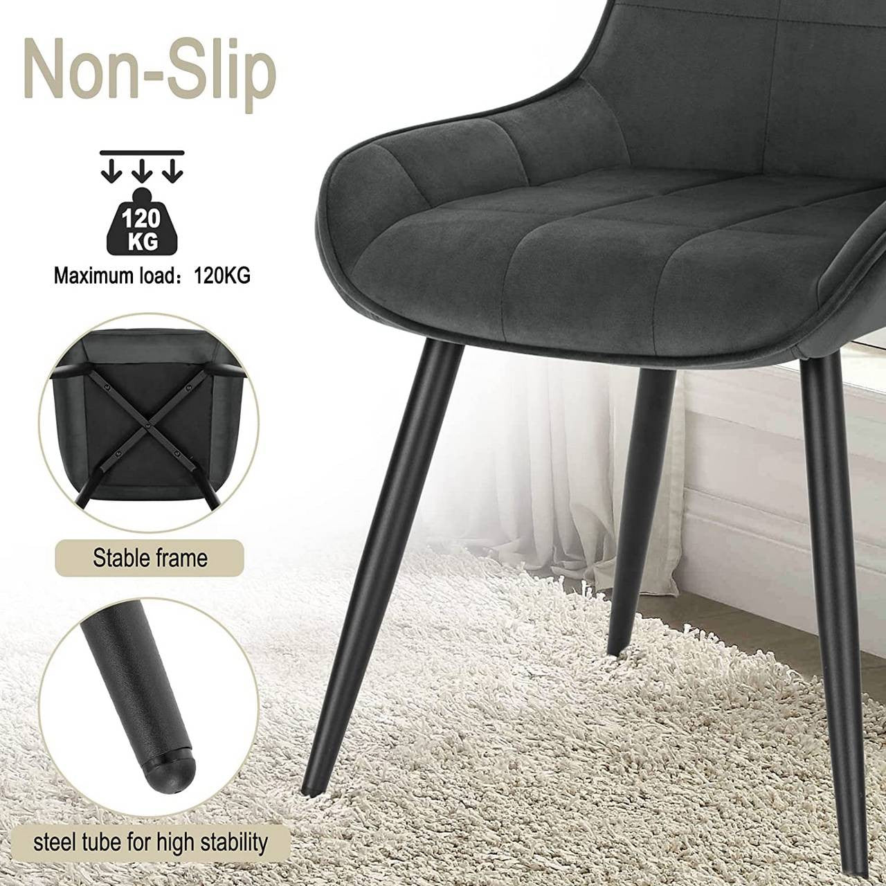 24goodz Velvet Dining Chair Set of 6 - Ergonomic Comfort - Sturdy Metal and Wood - For Dining Rooms and Living Spaces - Dark Grey - dgr