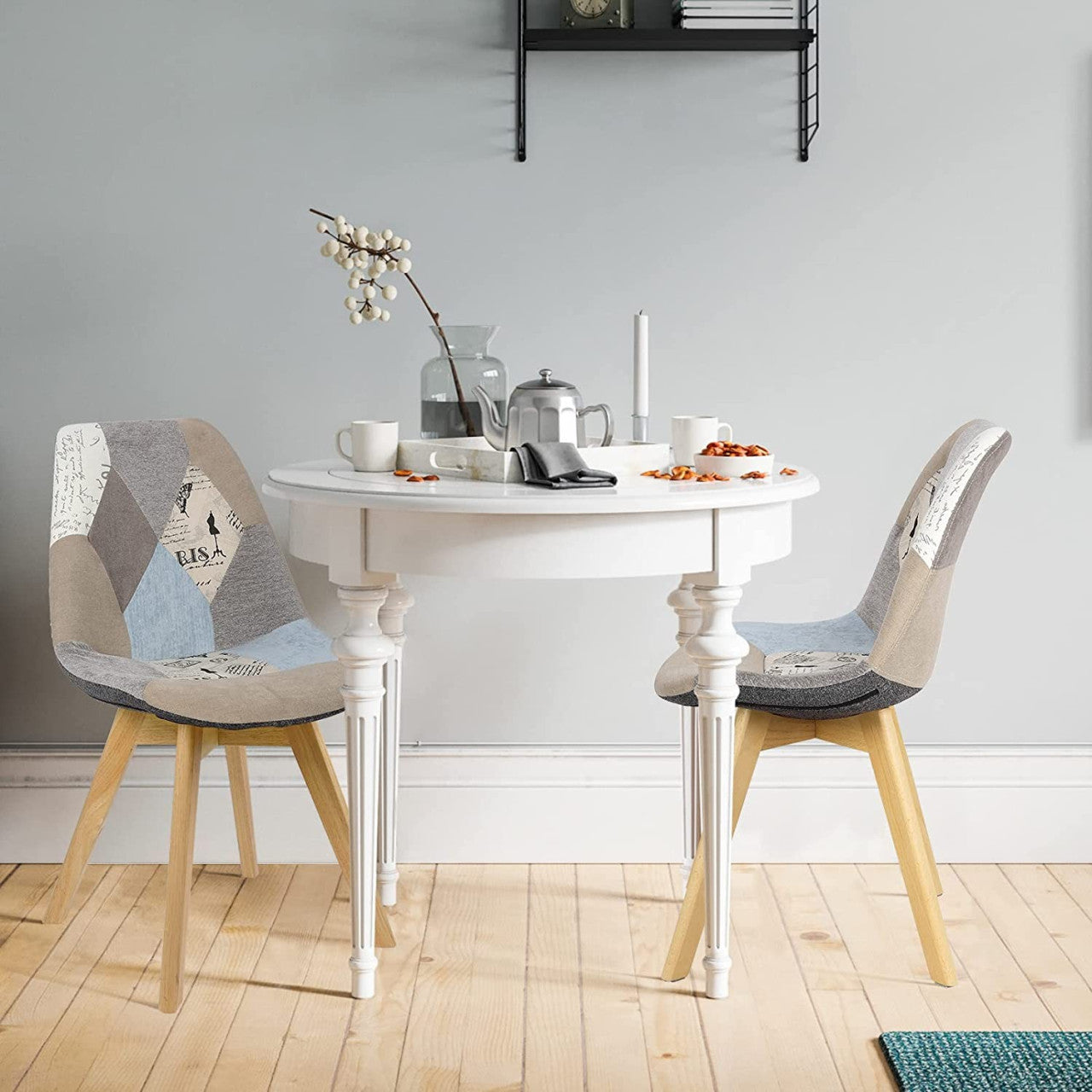 24goodz Set of 6 Dining Chairs - Ergonomic Comfort - Stylish Patchwork Design - PP and Solid Wood - For Dining and Living Rooms - Multicolour - pw