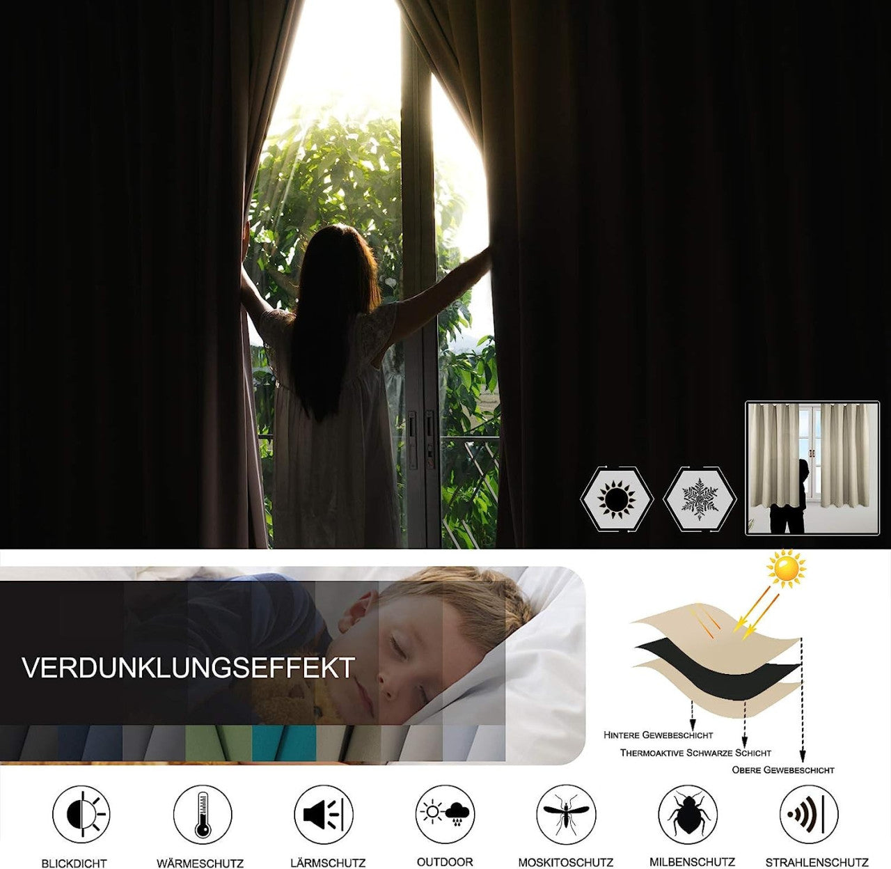 24goodz 2 Pieces Heat-insulating Blackout Curtains - Excellent Light Blockage - Energy Saving & Noise Absorption - 100% Polyester - Dark Blue - 135 x 225 cm - dbl