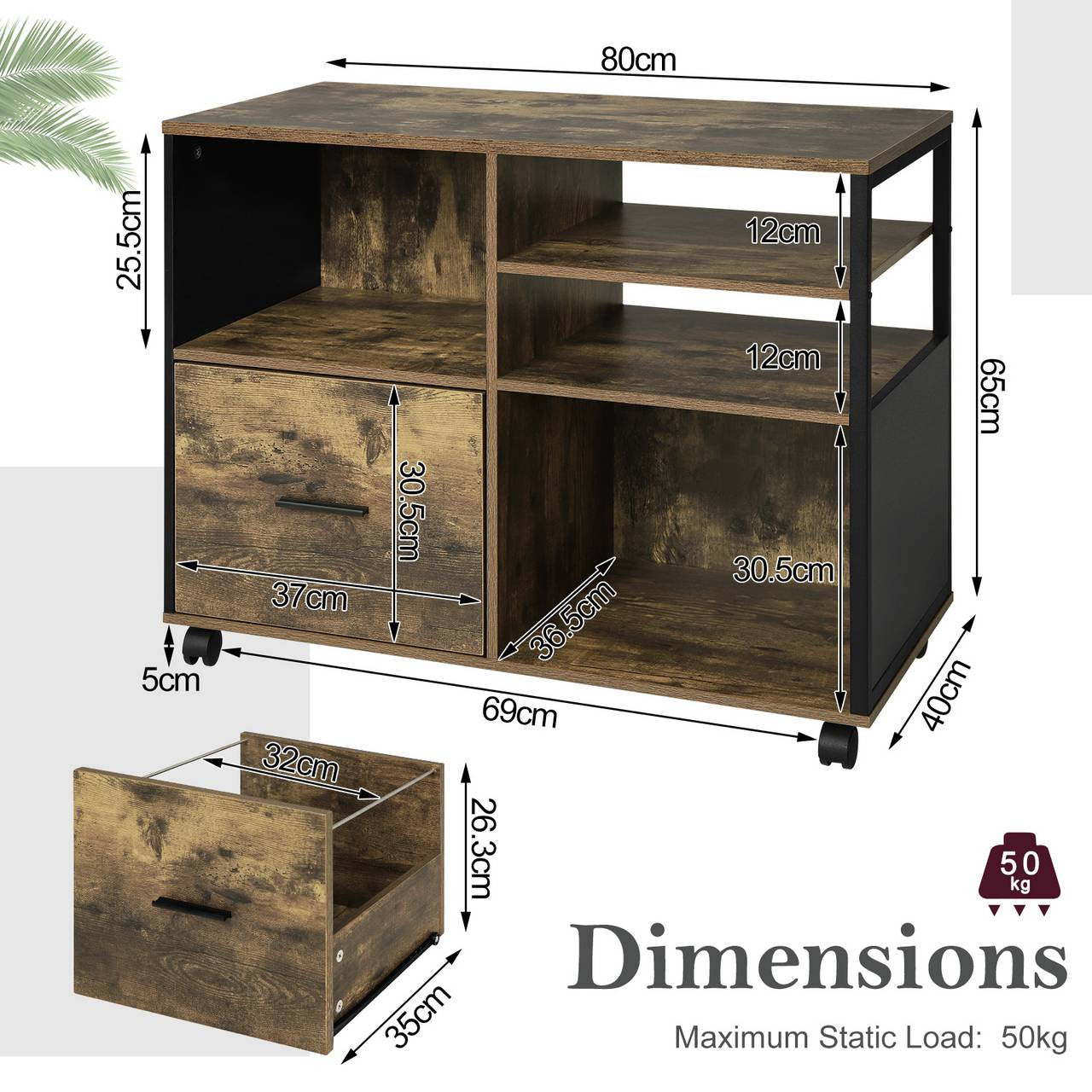24goodz Vintage Brown Mobile Printer Stand - Spacious Storage - Durable E1 Wood and Metal - For Home and Office - 80 x 65 x 40 cm