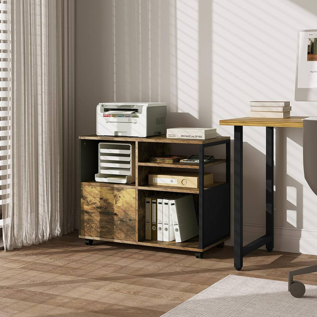 24goodz Vintage Brown Mobile Printer Stand - Spacious Storage - Durable E1 Wood and Metal - For Home and Office - 80 x 65 x 40 cm