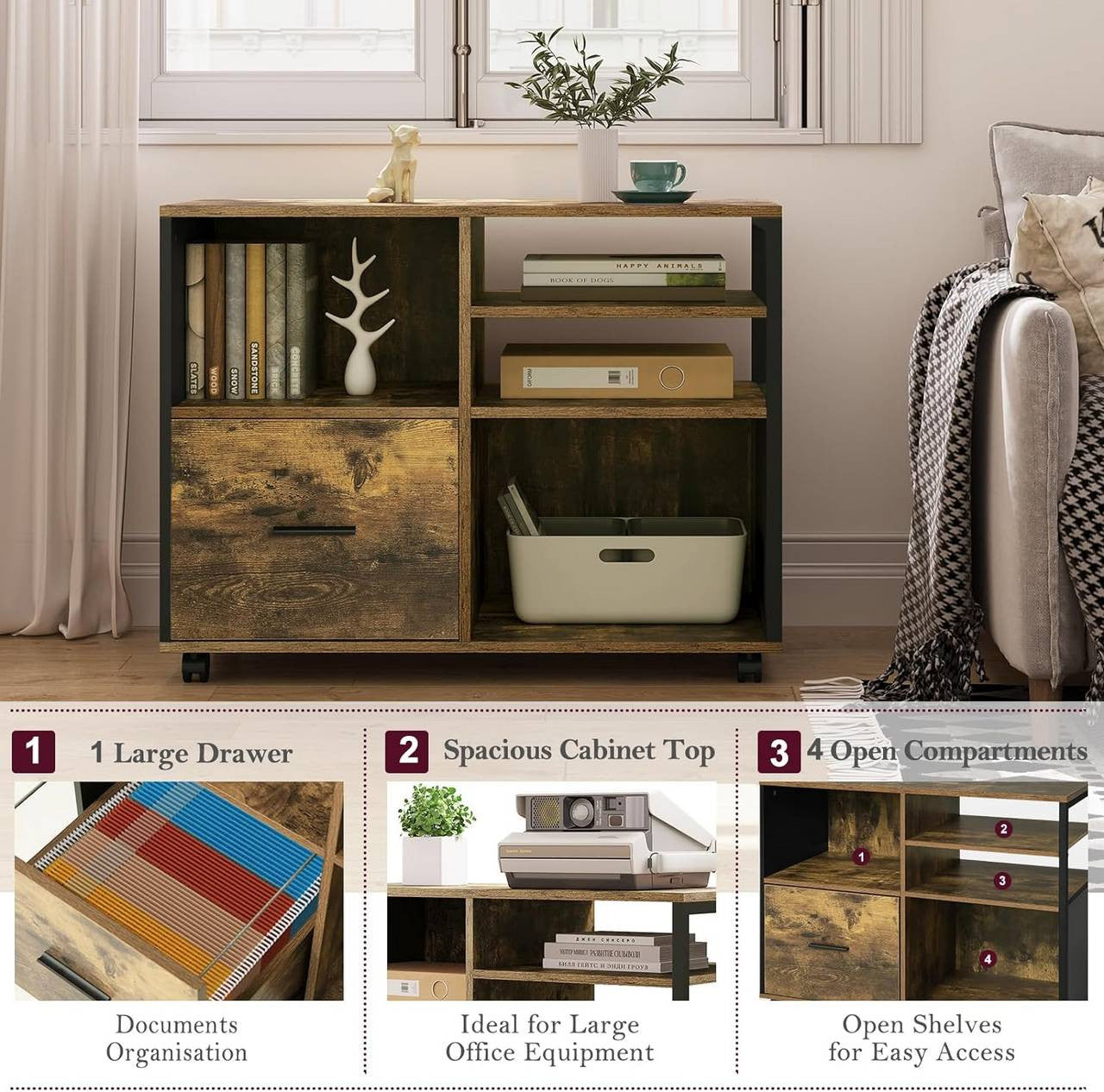 24goodz Vintage Brown Mobile Printer Stand - Spacious Storage - Durable E1 Wood and Metal - For Home and Office - 80 x 65 x 40 cm