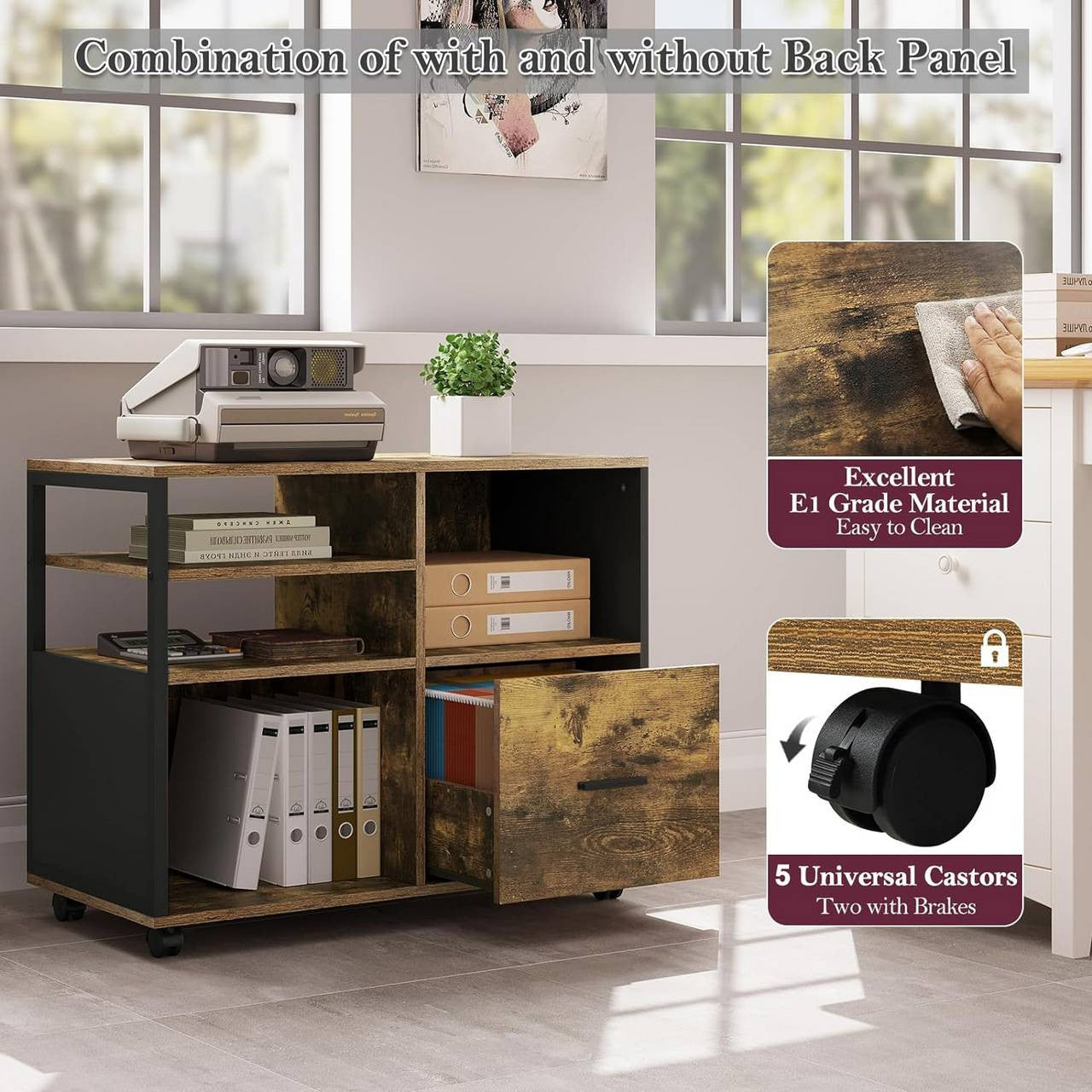 24goodz Vintage Brown Mobile Printer Stand - Spacious Storage - Durable E1 Wood and Metal - For Home and Office - 80 x 65 x 40 cm
