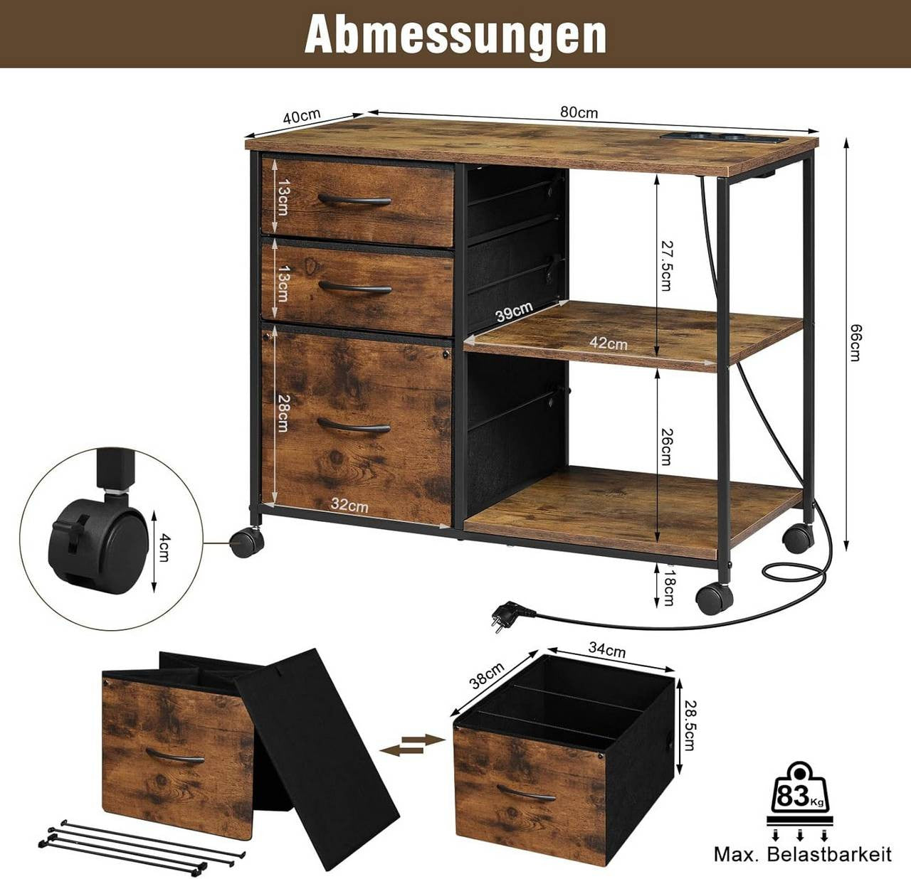 24goodz Mobile Archive Cabinet with Charging Station - Convenient USB Ports - Robust E1 Wood and Metal - For Home Office - Vintage Brown