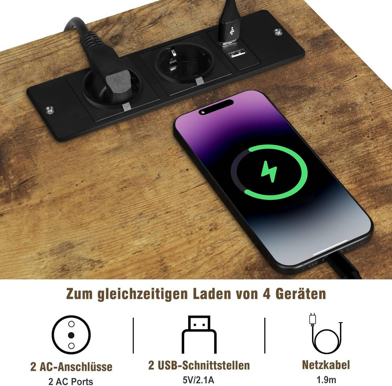 24goodz Mobile Archive Cabinet with Charging Station - Convenient USB Ports - Robust E1 Wood and Metal - For Home Office - Vintage Brown