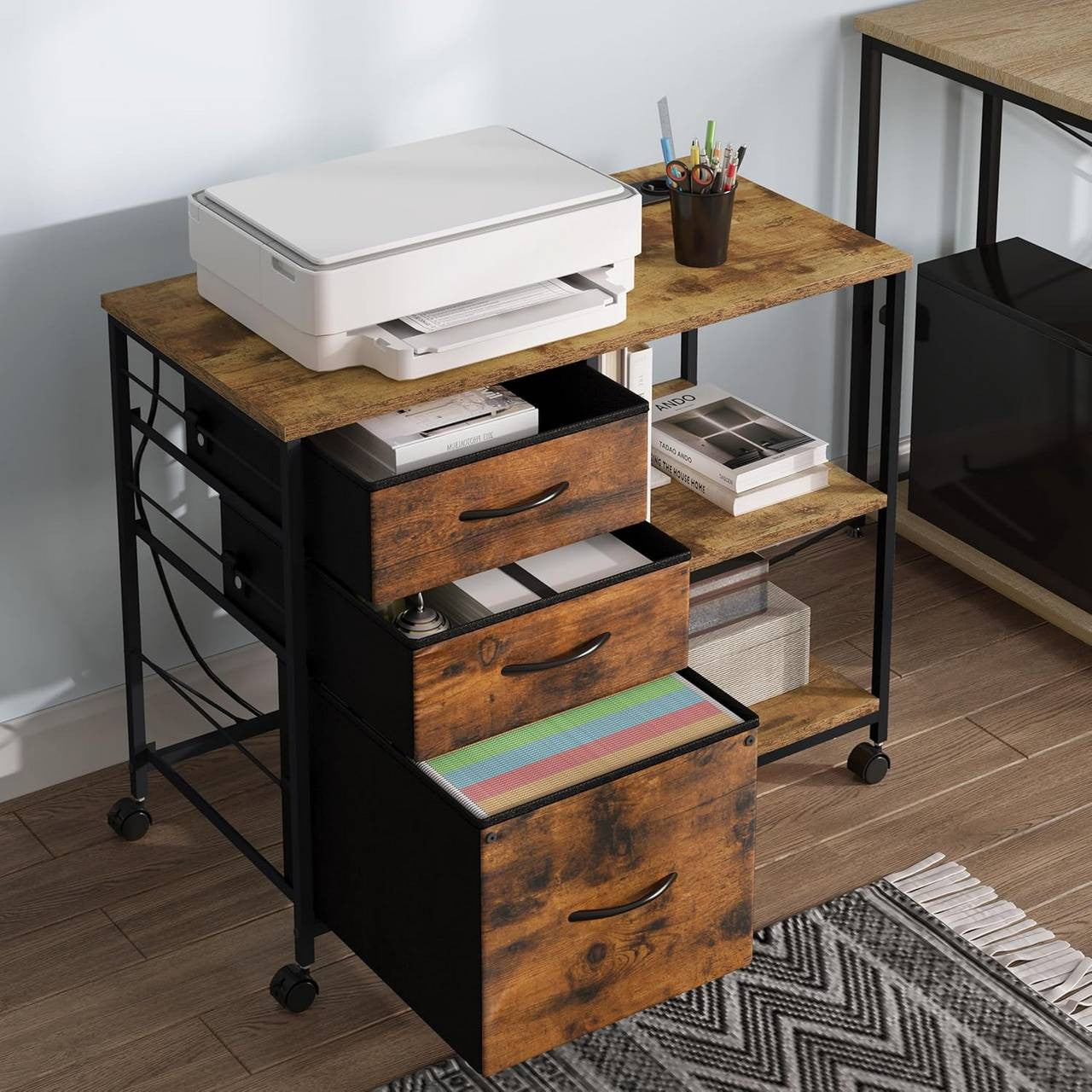 24goodz Mobile Archive Cabinet with Charging Station - Convenient USB Ports - Robust E1 Wood and Metal - For Home Office - Vintage Brown