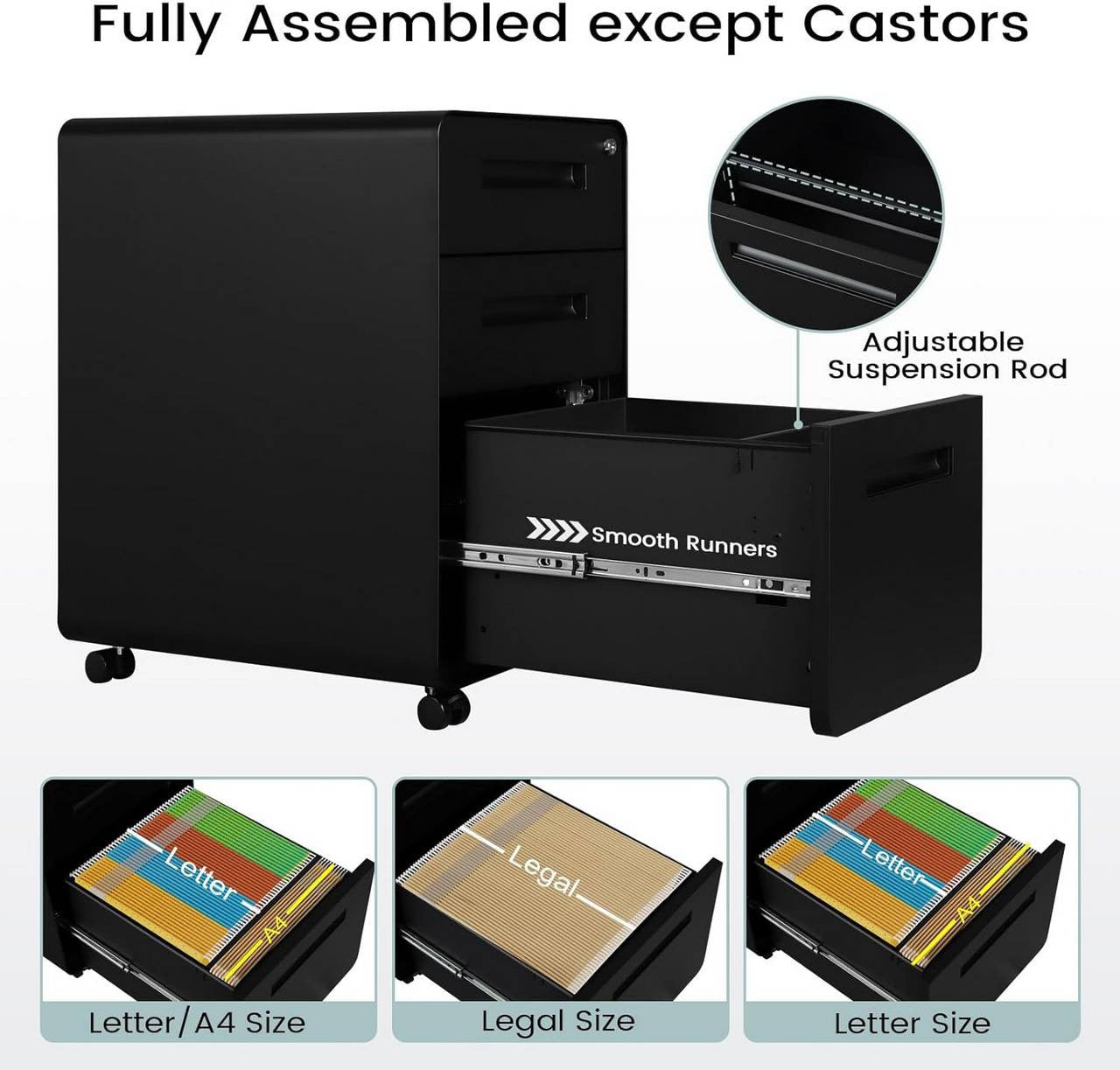 24goodz Mobile Filing Cabinet - Secure Locking System - Heavy-Duty Metal - For Home Office - Black