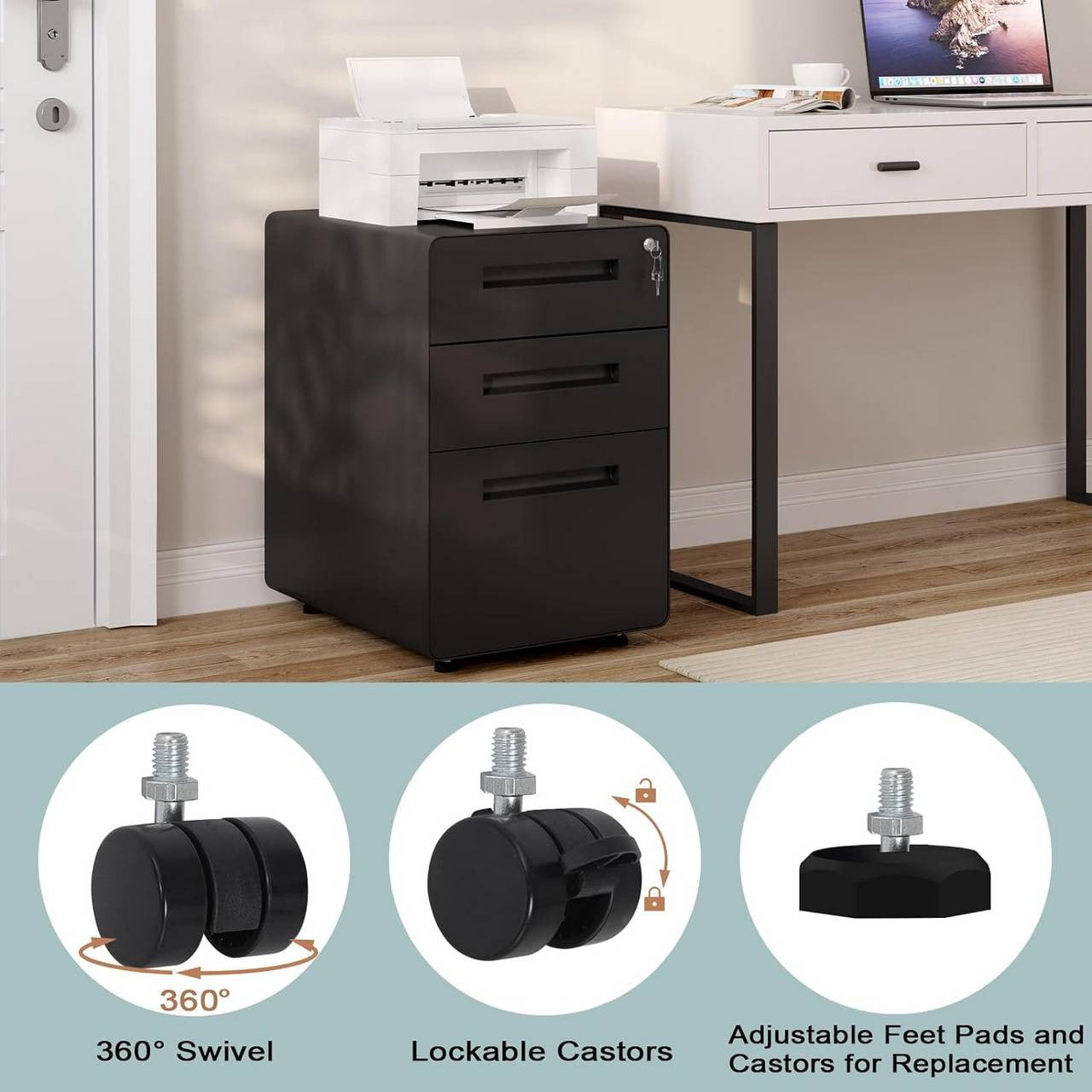 24goodz Mobile Filing Cabinet - Secure Locking System - Heavy-Duty Metal - For Home Office - Black