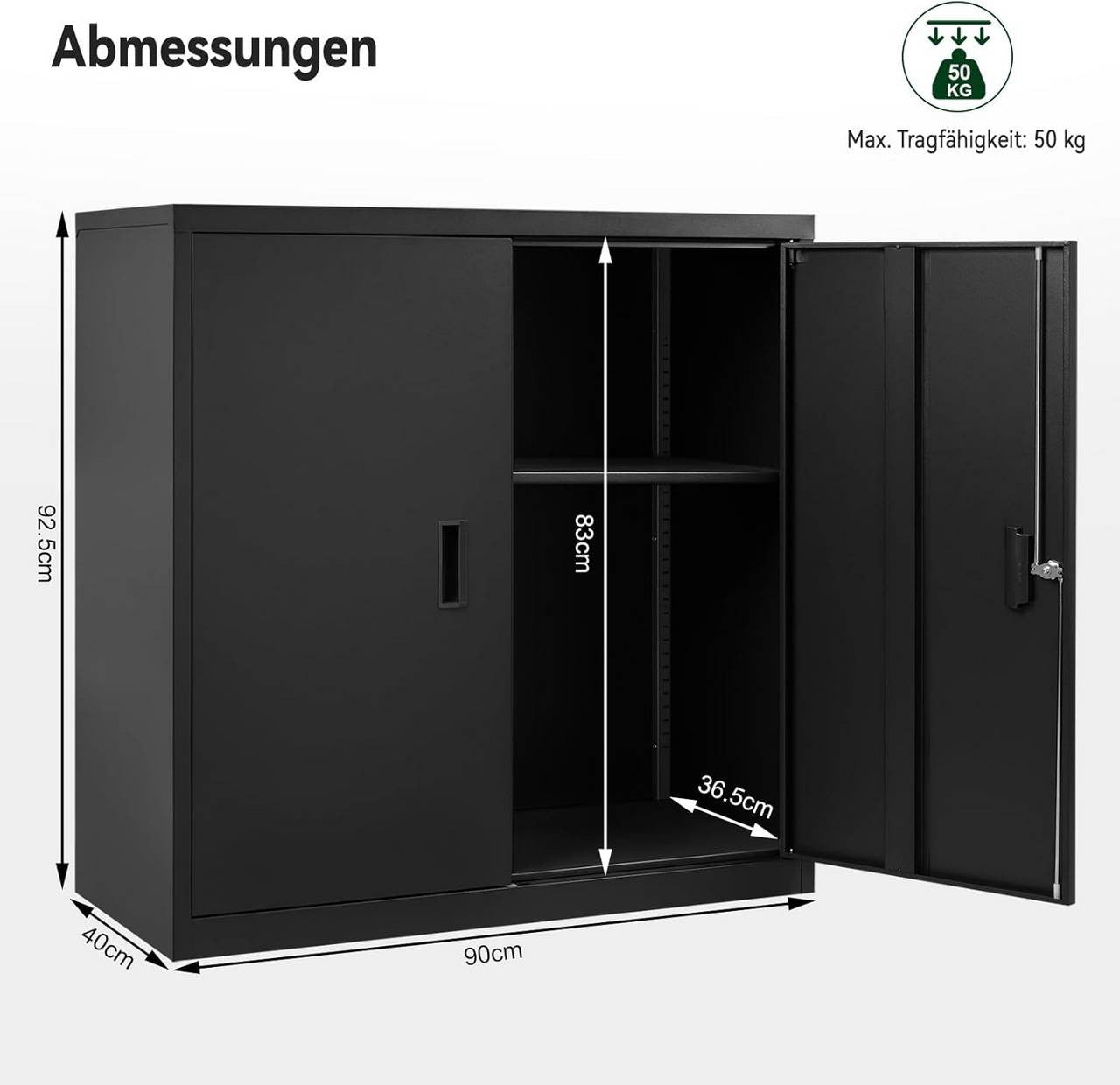 24goodz Lockable Filing Cabinet - Spacious & Secure - Metal - For Home Office or Garage - Black - 90 x 92 x 40 cm