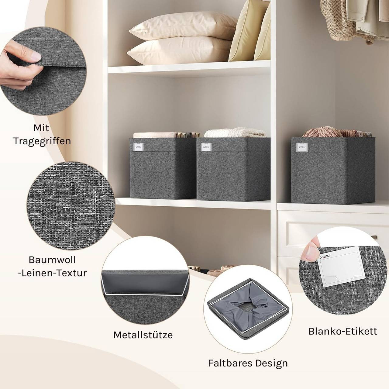 24goodz Foldable Storage Boxes Set of 5 - Spacious Organization - Durable and Stable - Kationic Fabric - For Home and Office - Dark Grey