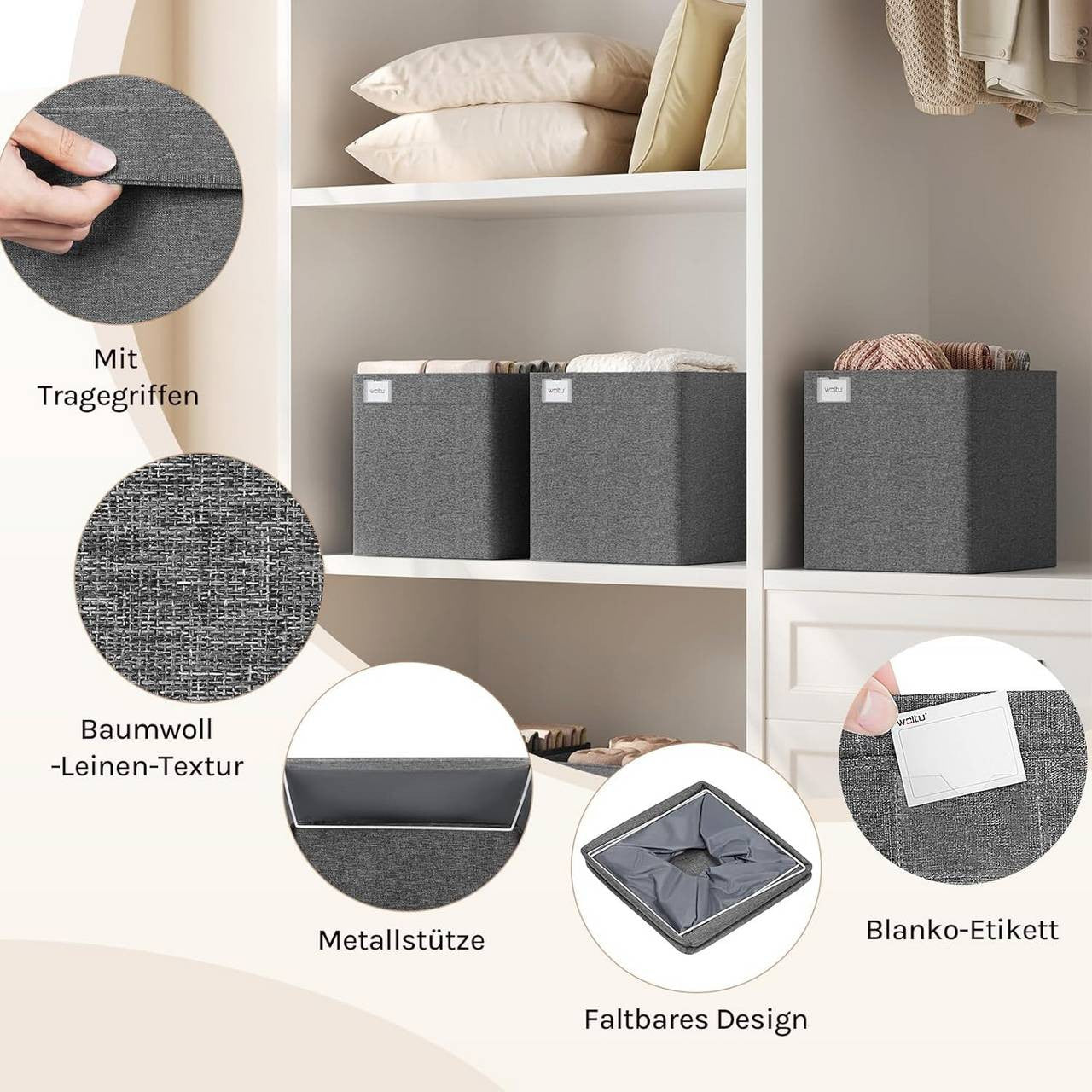 24goodz Fabric Storage Boxes Set of 5 - Spacious Organization - Foldable Design - Polyester - For Home and Office - Dark Grey