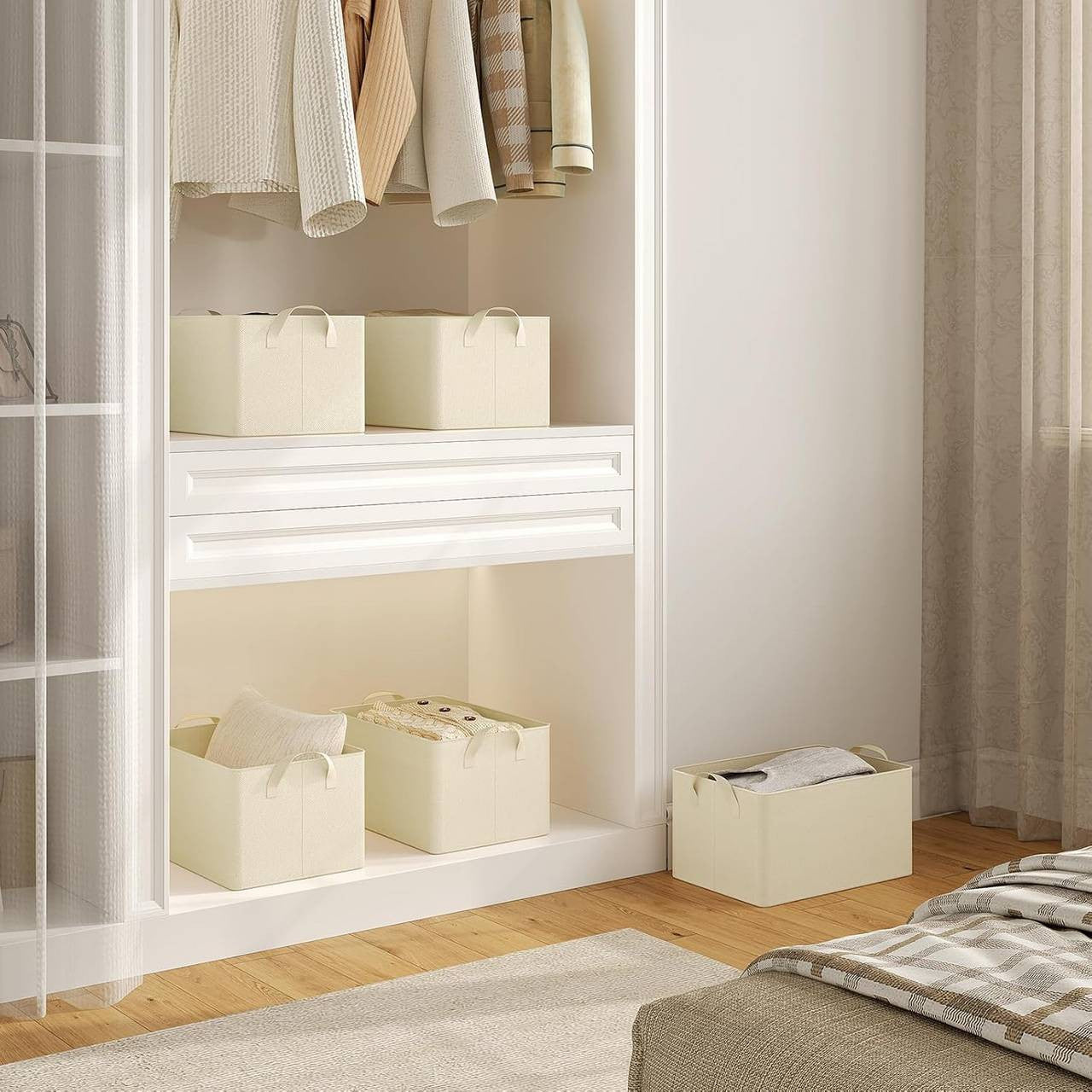 24goodz Set of 5 Foldable Storage Boxes - Durable & Space-Saving - Polyester & Metal - For Organizing Your Home - Cream