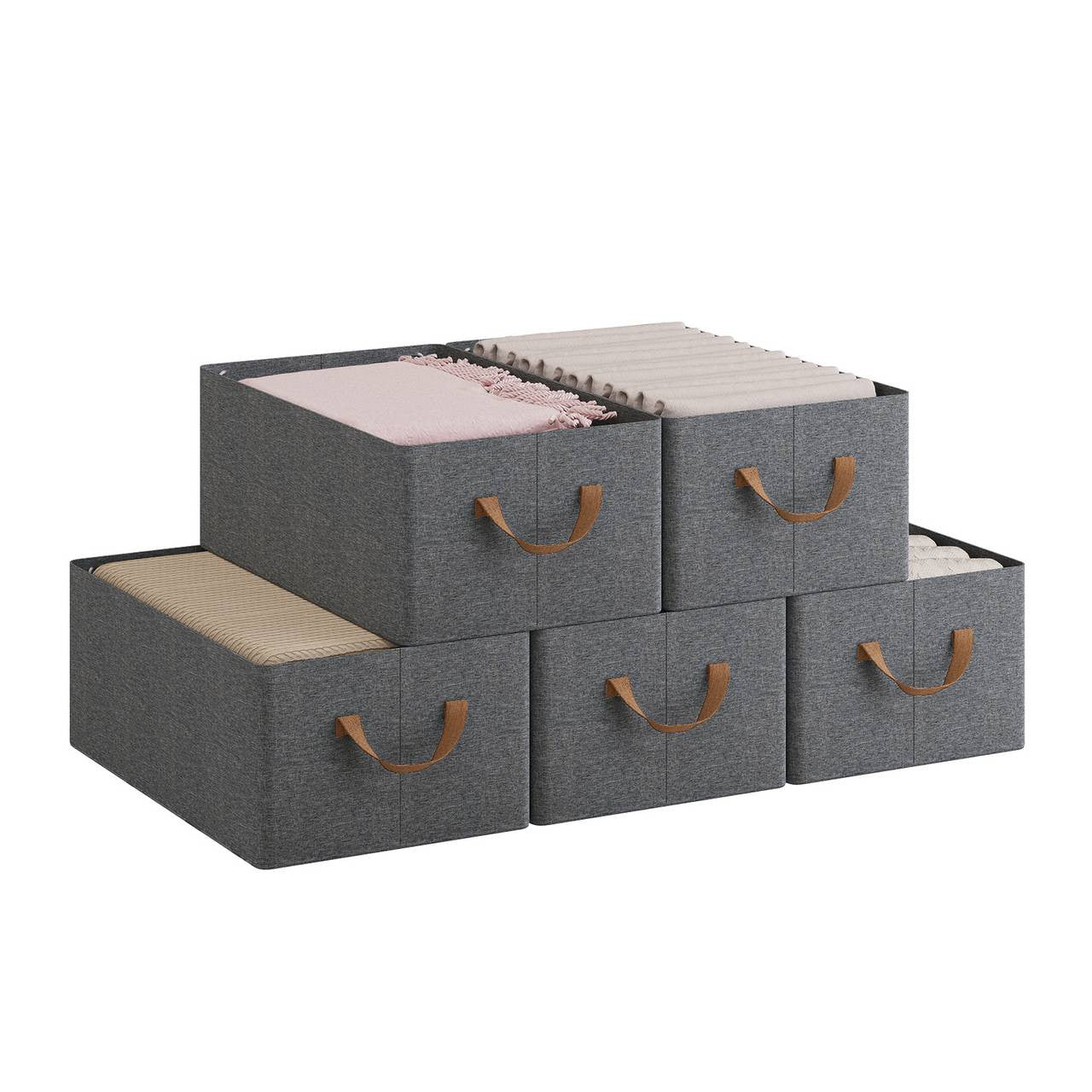 24goodz Foldable Storage Boxes Set of 5 - Durable and Stylish - Polyester and Metal - For Home Organization - Grey + Brown