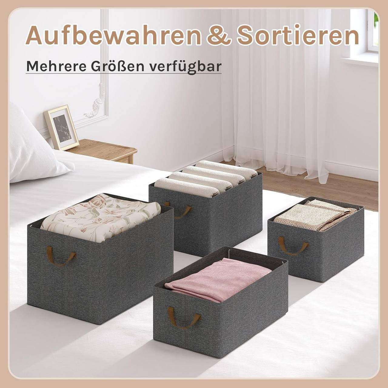 24goodz Foldable Storage Boxes Set of 5 - Durable and Stylish - Polyester and Metal - For Home Organization - Grey + Brown