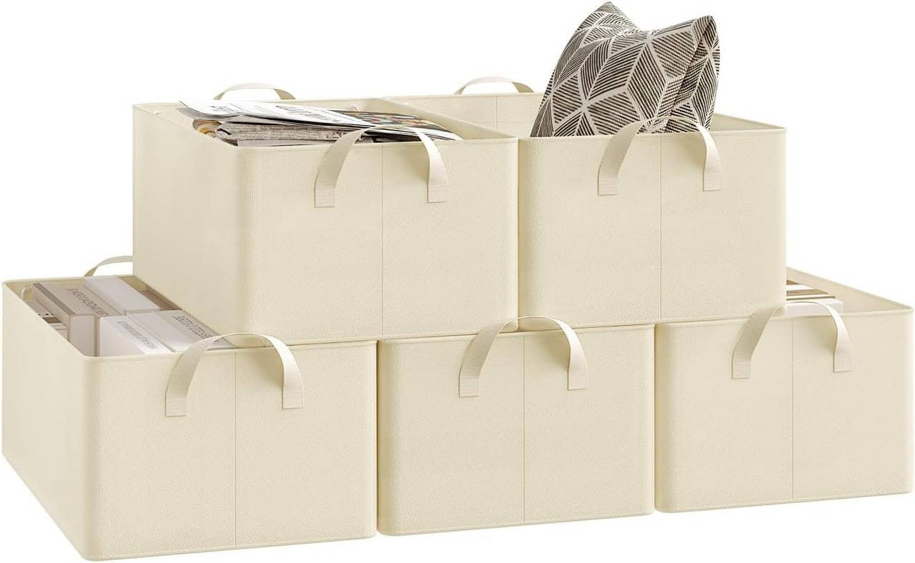 24goodz Set of 5 Foldable Storage Boxes - Durable and Space-Saving - Polyester and Metal - For Organizing Your Home - Cream