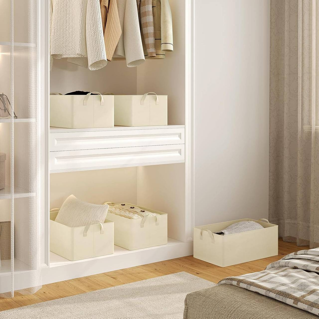 24goodz Set of 5 Foldable Storage Boxes - Durable and Space-Saving - Polyester and Metal - For Organizing Your Home - Cream