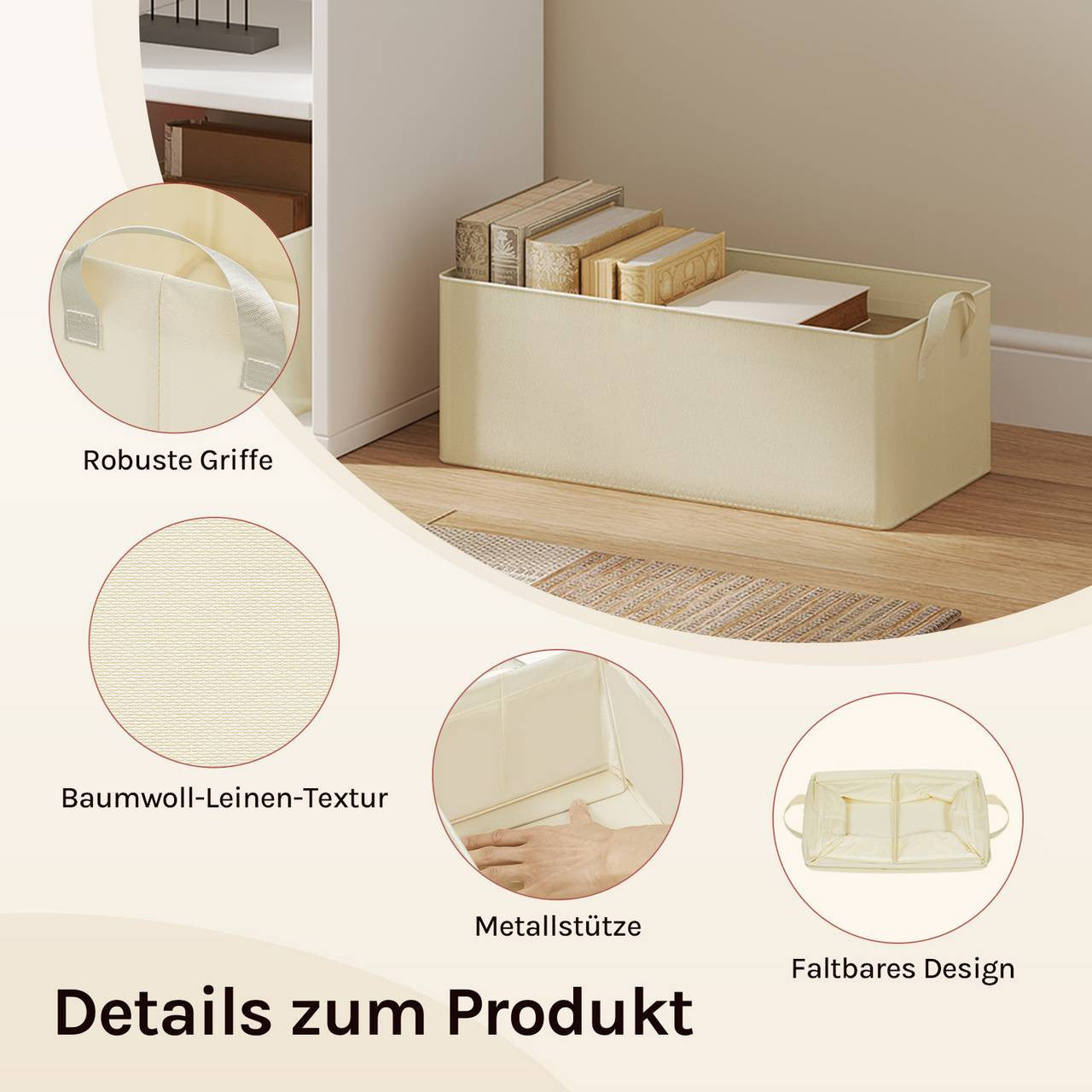 24goodz Set of 5 Foldable Storage Boxes - Durable and Space-Saving - Polyester and Metal - For Organizing Your Home - Cream