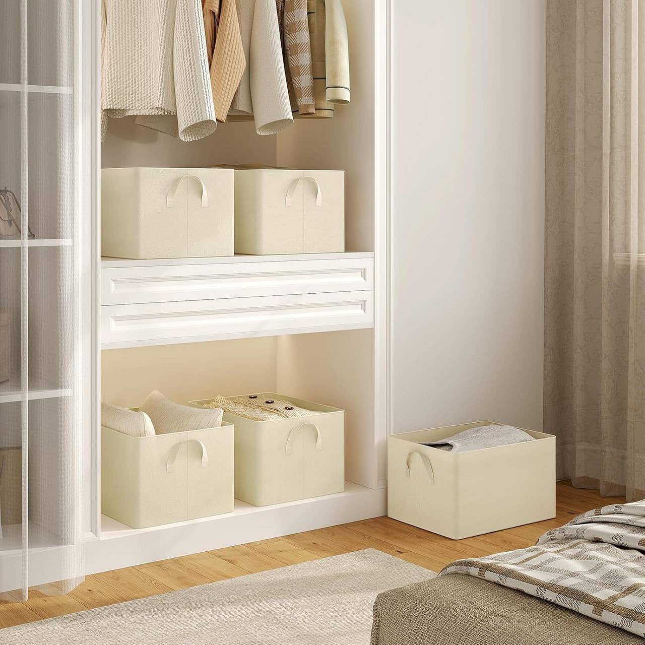 24goodz Foldable Storage Boxes Set of 5 - Durable and Stylish - Polyester and Metal - For Home Organization - Cream
