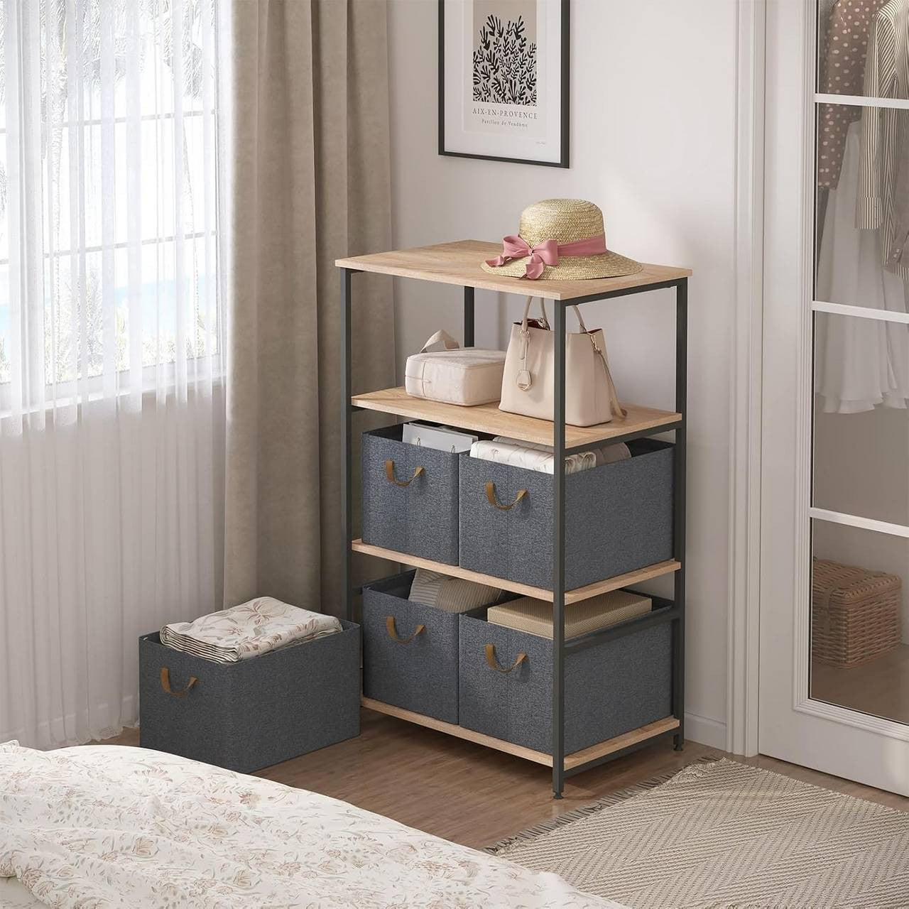 24goodz Foldable Storage Boxes Set of 5 - Durable and Versatile - Kationic Fabric and Polyester - For Organizing Your Home - Grey + Brown