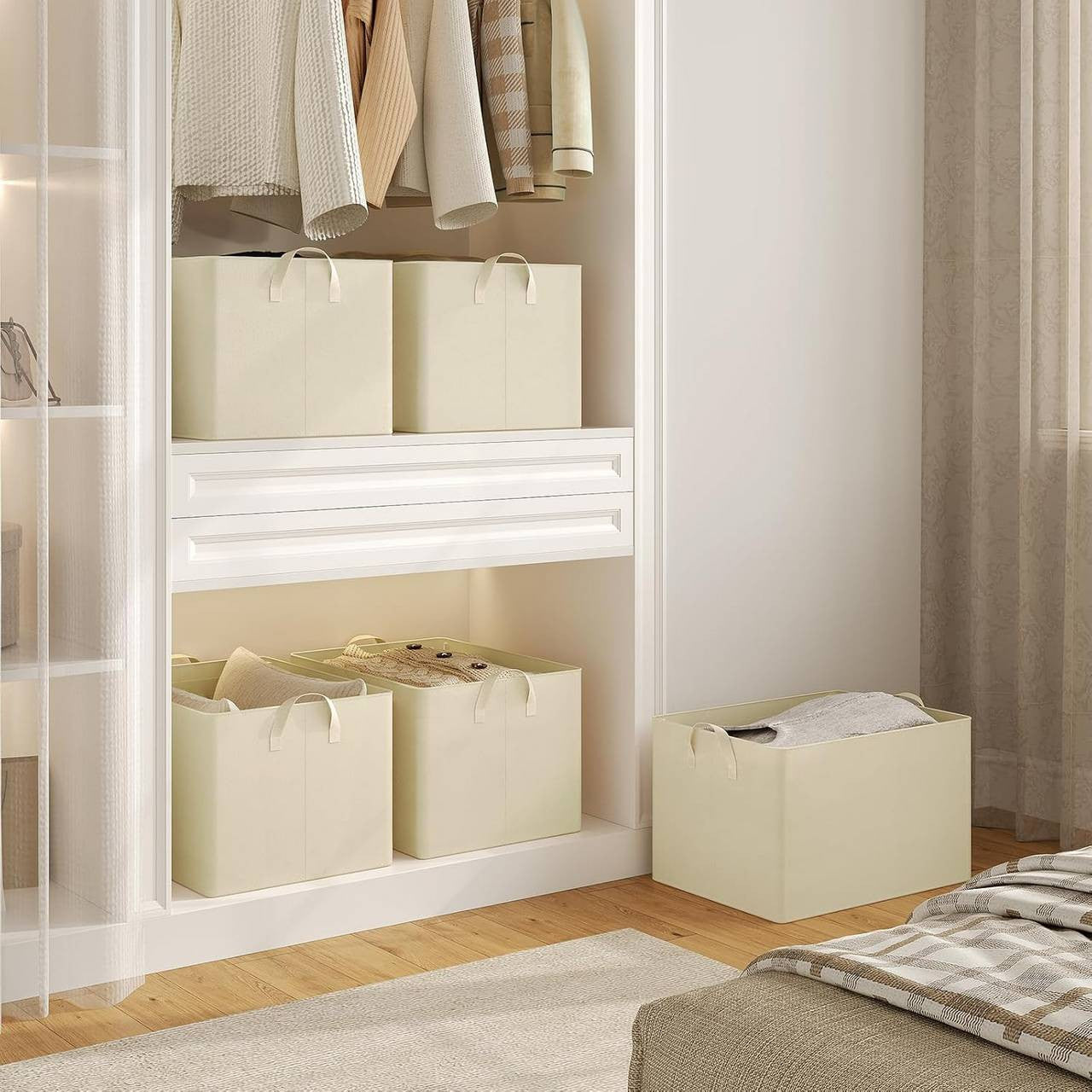 24goodz Set of 5 Foldable Storage Boxes - Durable and Versatile - Polyester and Metal - For Organizing Your Space - Cream
