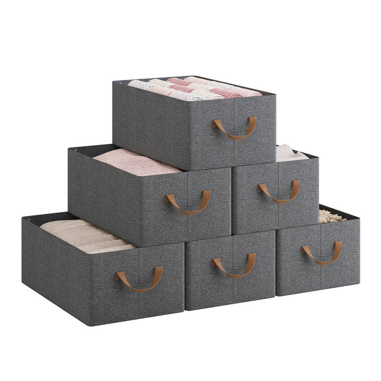 24goodz Storage Boxes Set of 6 - Durable and Flexible Organization - Kationic Fabric and Polyester - For Home and Office - Grey + Brown