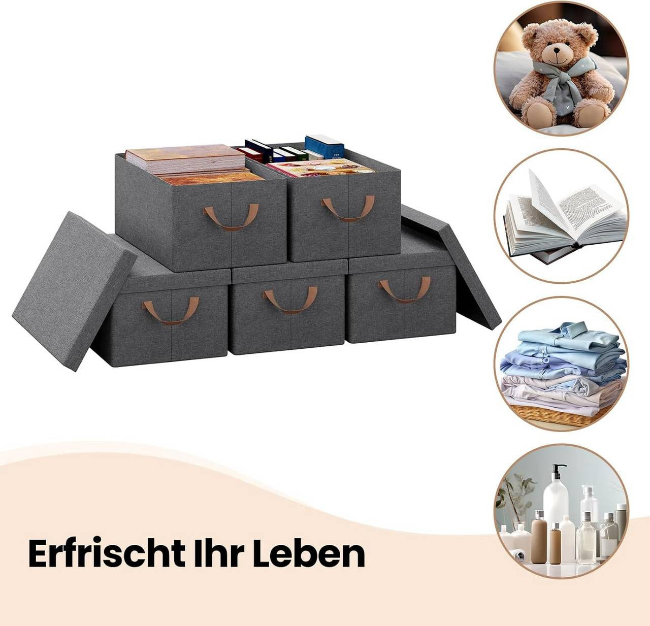 24goodz Set of 6 Storage Boxes with Lids - Versatile Organization Solution - Durable Polyester - For Home and Office - Grey (38x27x20 cm)