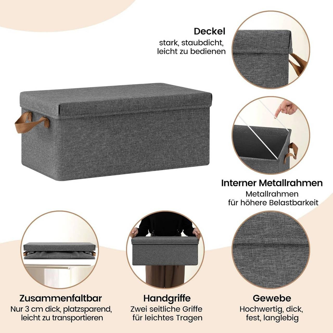 24goodz Set of 6 Storage Boxes with Lids - Versatile and Space-Saving - Polyester and Metal - For Home Organization - Grey