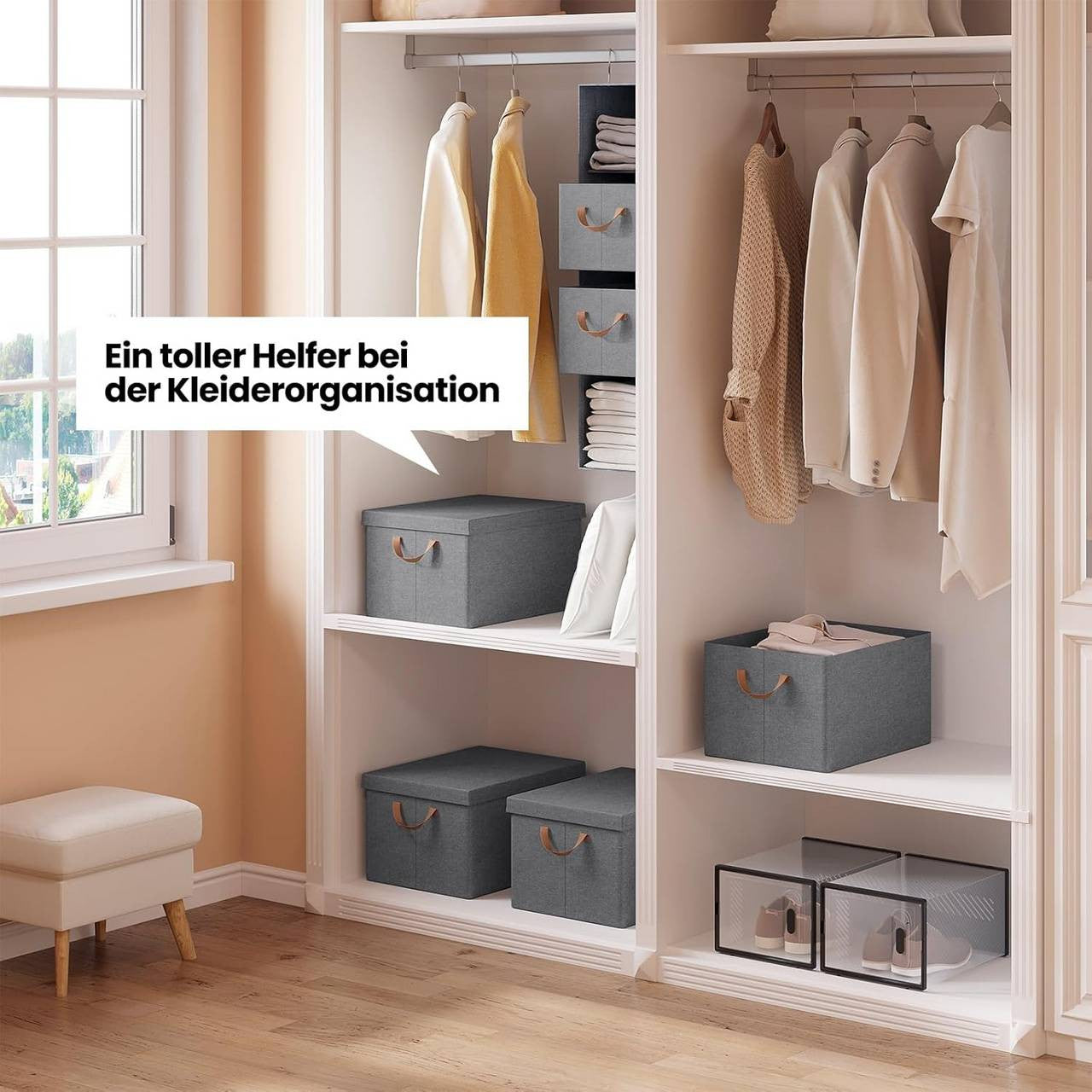 24goodz Set of 6 Storage Boxes with Lid - Versatile Organization Solution - Foldable Design - Polyester - For Home Use - Grey