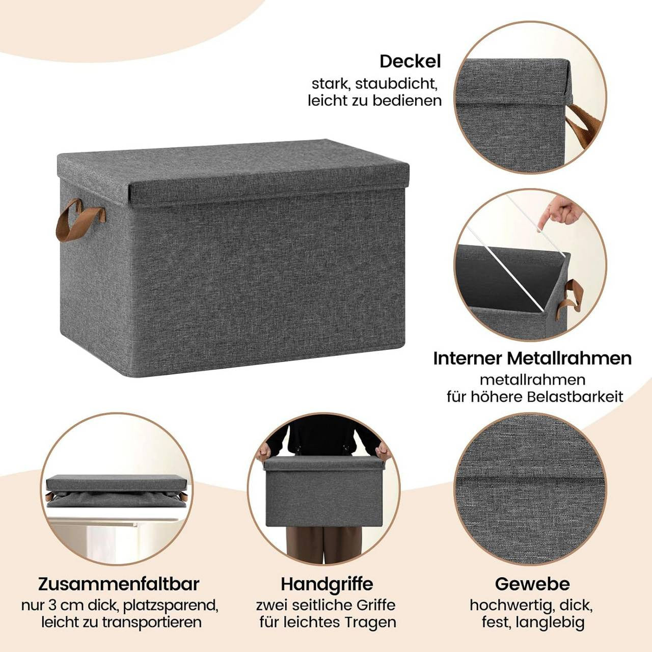 24goodz Set of 6 Storage Boxes with Lid - Versatile Organization Solution - Foldable Design - Polyester - For Home Use - Grey