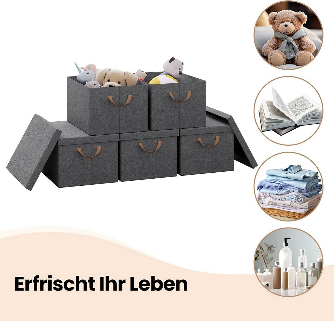 24goodz Set of 6 Storage Boxes with Lid - Versatile Organization Solution - Foldable Design - Polyester - For Home Use - Grey