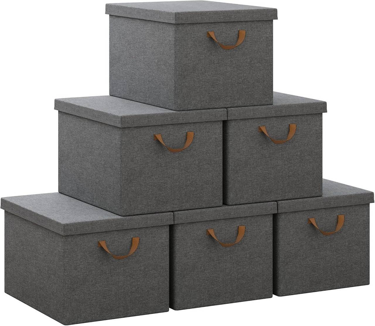 24goodz Set of 6 Storage Boxes with Lid - Versatile and Space-Saving - Polyester and Metal - For Home Organization - Grey