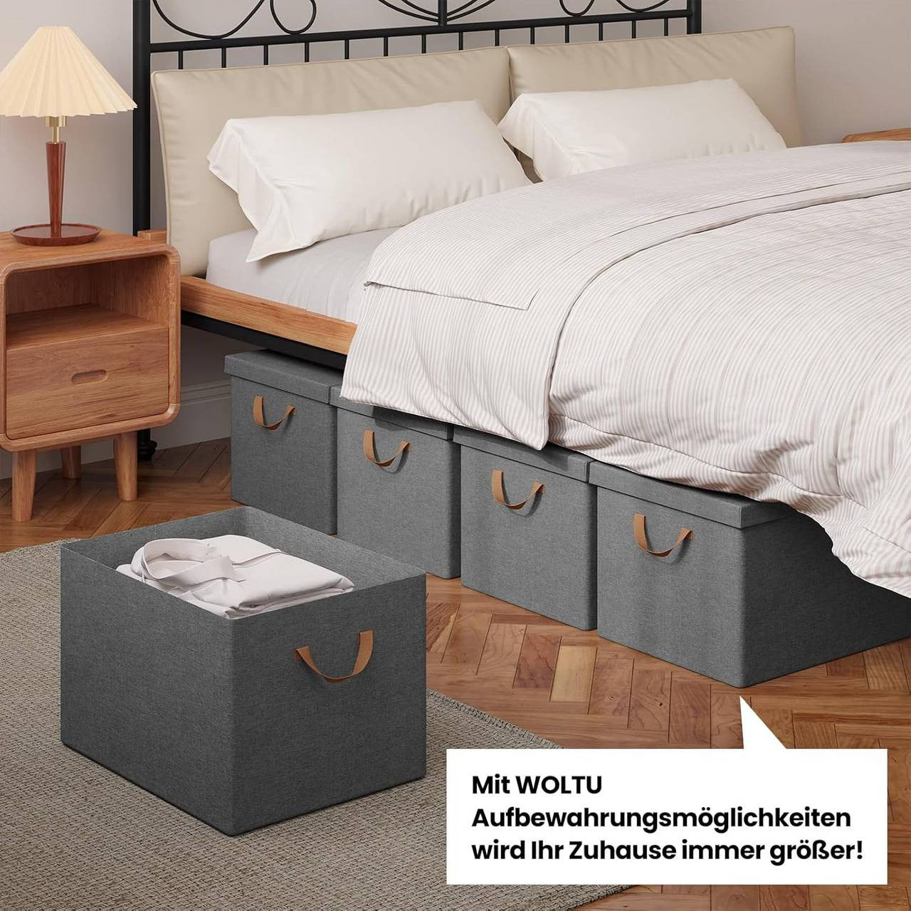 24goodz Set of 6 Storage Boxes with Lid - Versatile and Space-Saving - Polyester and Metal - For Home Organization - Grey