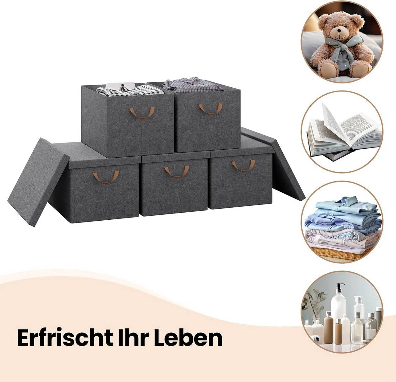 24goodz Set of 6 Storage Boxes with Lid - Versatile and Space-Saving - Polyester and Metal - For Home Organization - Grey