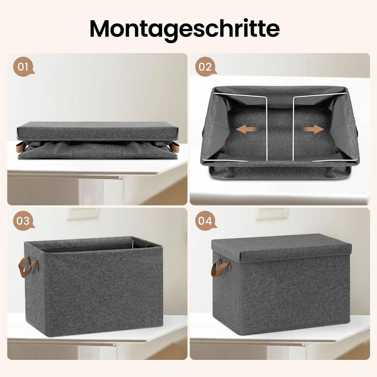24goodz Set of 6 Storage Boxes with Lid - Versatile and Space-Saving - Polyester and Metal - For Home Organization - Grey