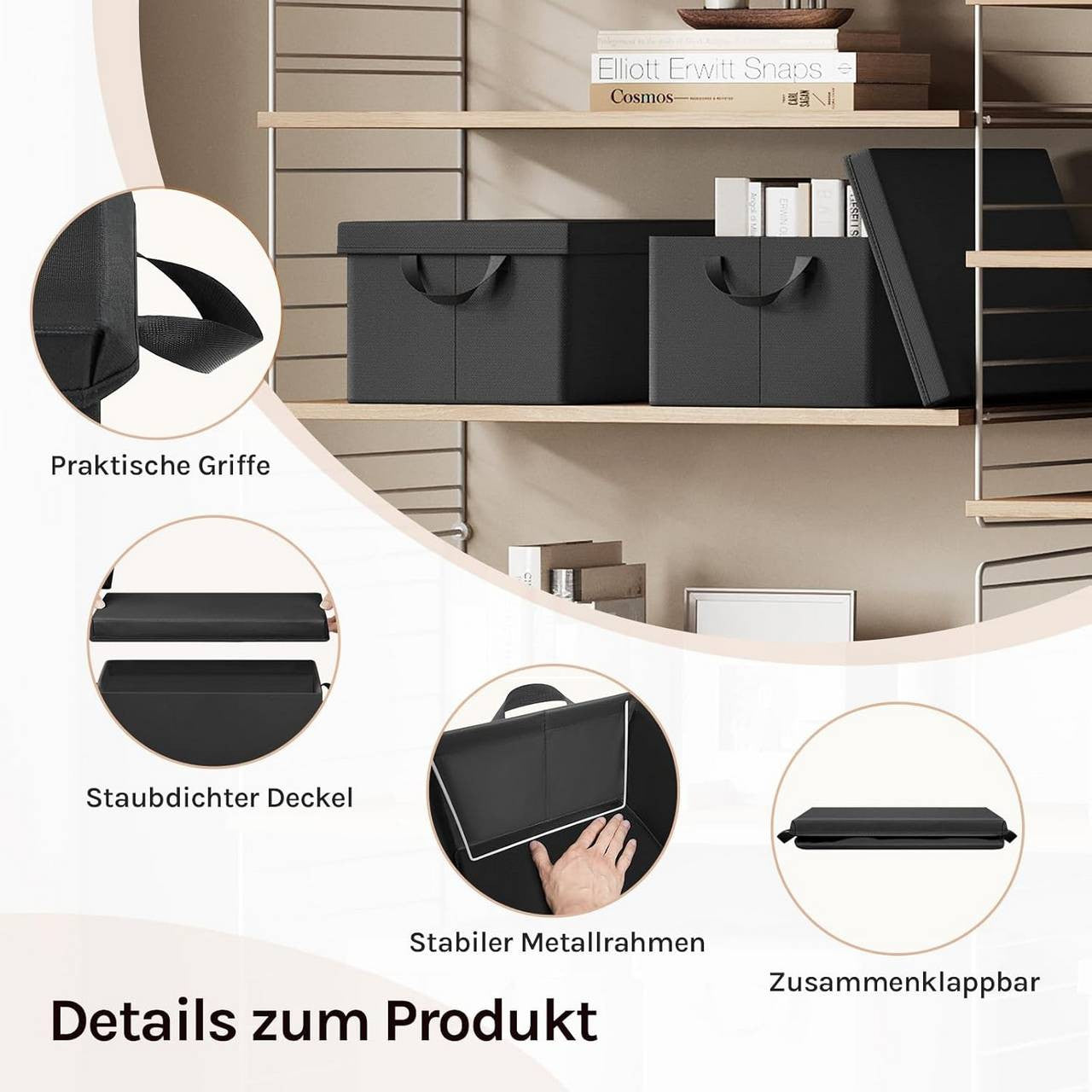 24goodz Set of 3 Storage Boxes with Lids - Versatile and Space-Saving - Polyester - For Home Organization - Black