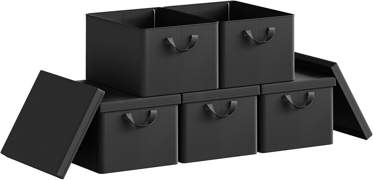 24goodz Set of 5 Storage Boxes with Lids - Versatile and Space-Saving - Polyester and Metal - For Home Organization - Black