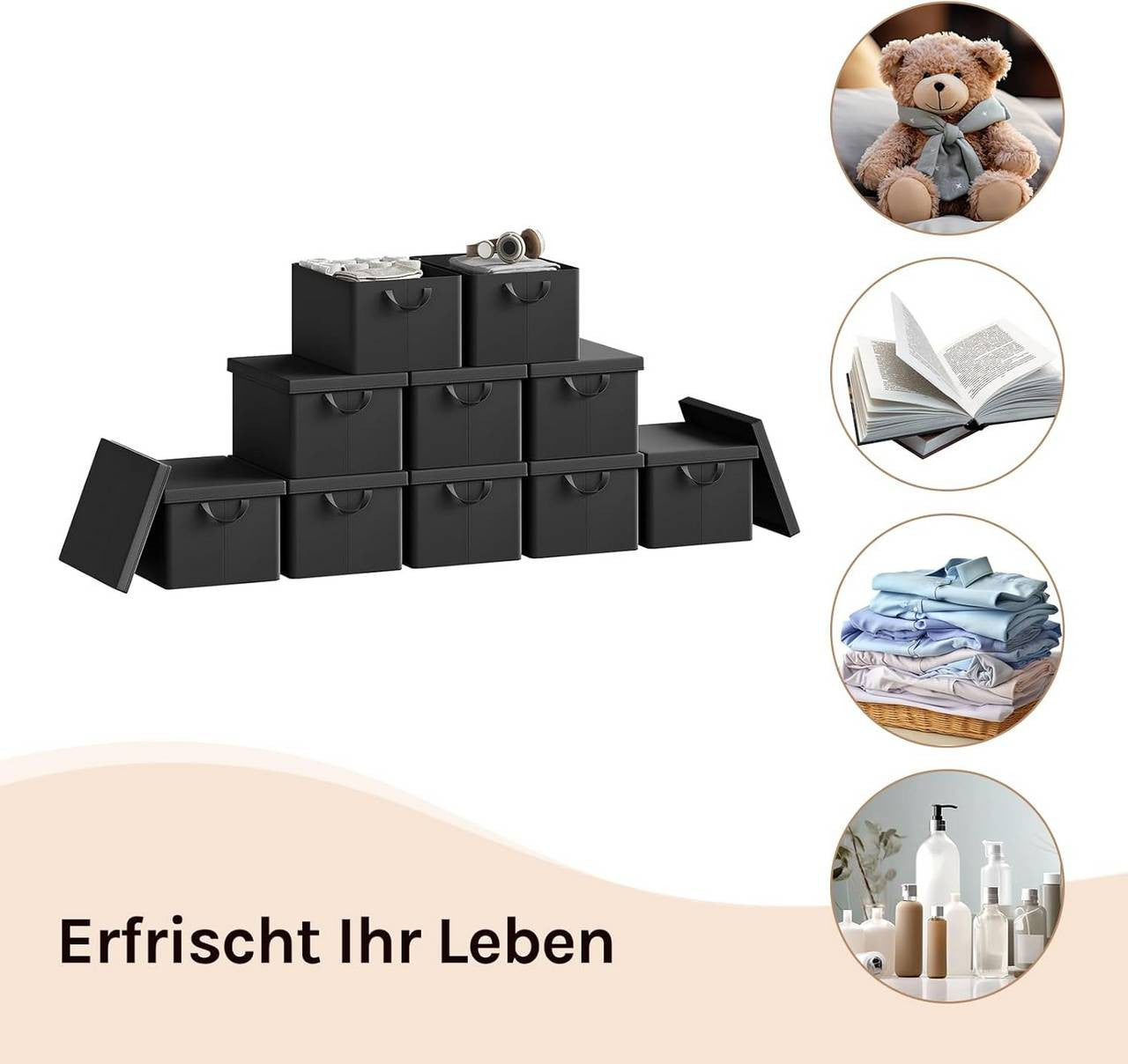 24goodz Set of 3 Storage Boxes with Lids - Versatile and Space-Saving - Polyester and Metal - For Organizing Your Home - Black