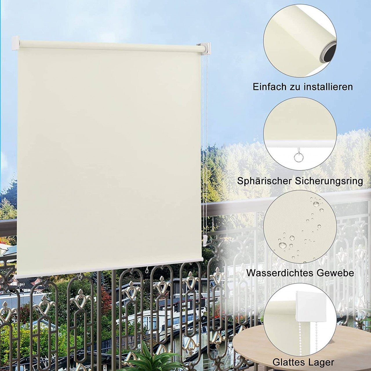 24goodz Outdoor Roller Blind - High UV Protection - Adjustable Height - Polyester - For Balconies and Patios - Beige 140x140 cm