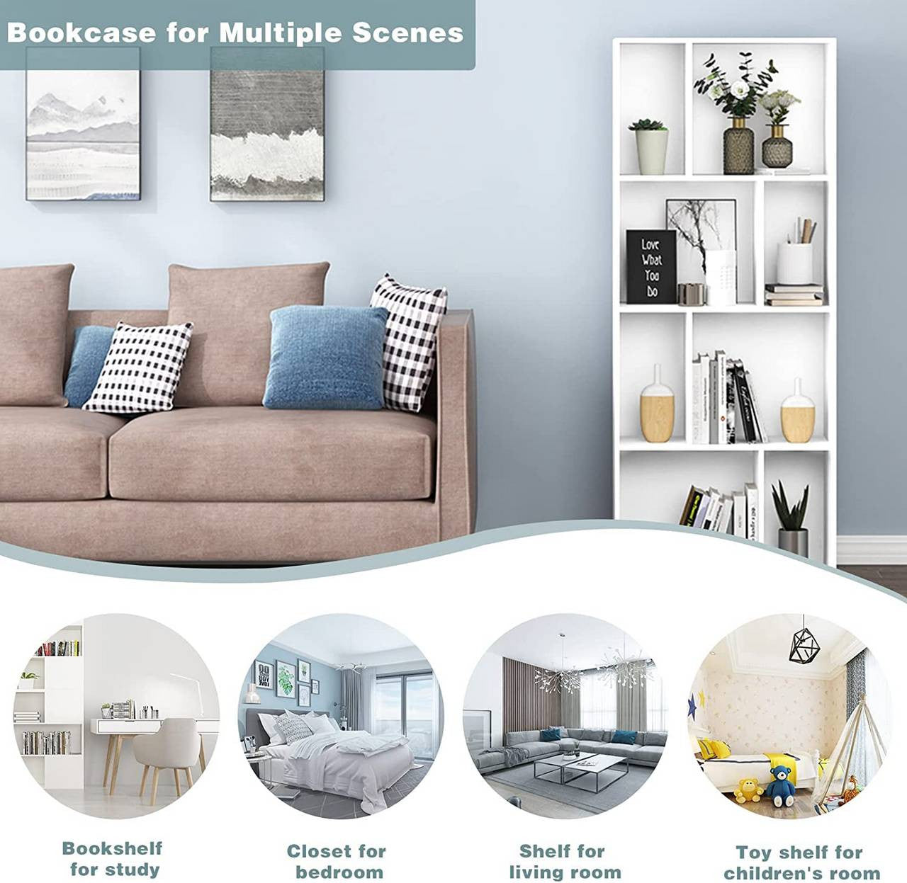 24goodz Bookcase with 8 Open Compartments - High-Quality and Durable - E1 Particle Board - For Home and Office - White - 60 x 143.5 x 29 cm - ws