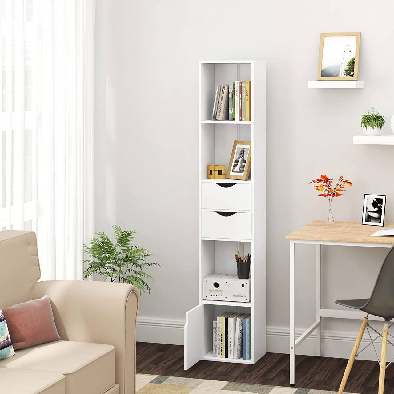24goodz Bookcase with Drawers and Door - Versatile Storage Solutions - Melamine - For Home and Office - White 30 x 158 x 24 cm - ws