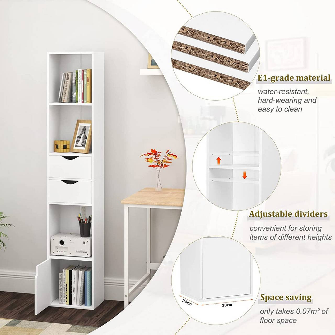 24goodz Bookcase with Drawers and Door - Versatile Storage Solutions - Melamine - For Home and Office - White 30 x 158 x 24 cm - ws