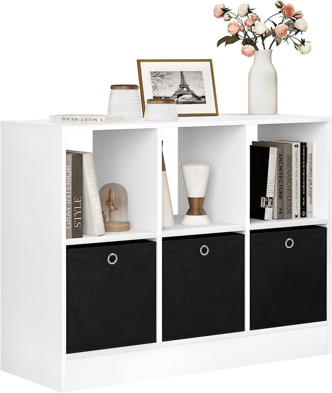 24goodz Stylish Bookcase with 3 Fabric Drawers - High Capacity - E1 Wood Material - For Home Organization - White - 80x60x30 cm