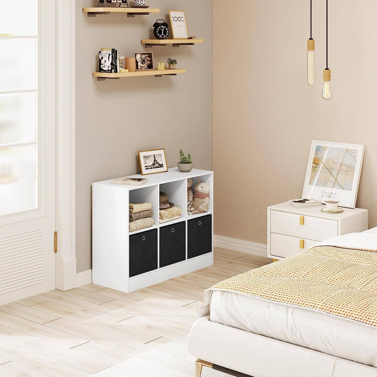 24goodz Stylish Bookcase with 3 Fabric Drawers - High Capacity - E1 Wood Material - For Home Organization - White - 80x60x30 cm