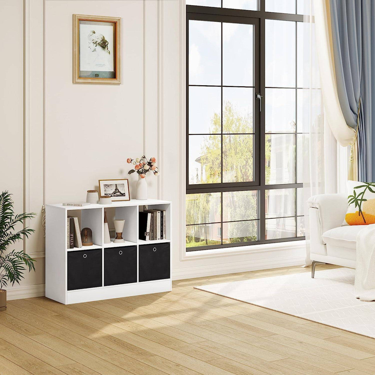 24goodz Stylish Bookcase with 3 Fabric Drawers - High Capacity - E1 Wood Material - For Home Organization - White - 80x60x30 cm